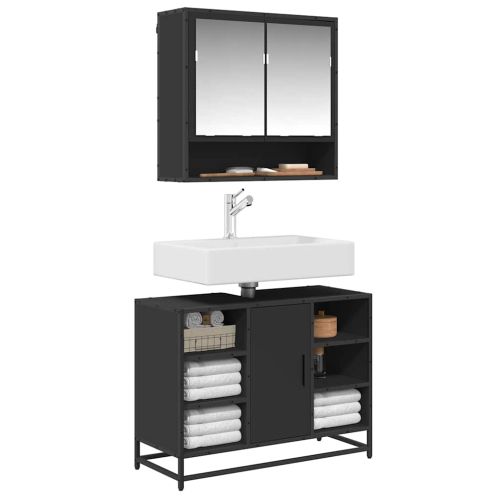 Шкаф за мивка за баня, черен, 80x33x60 см, инженерно дърво