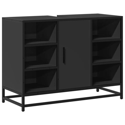 Шкаф за мивка за баня, черен, 80x33x60 см, инженерно дърво