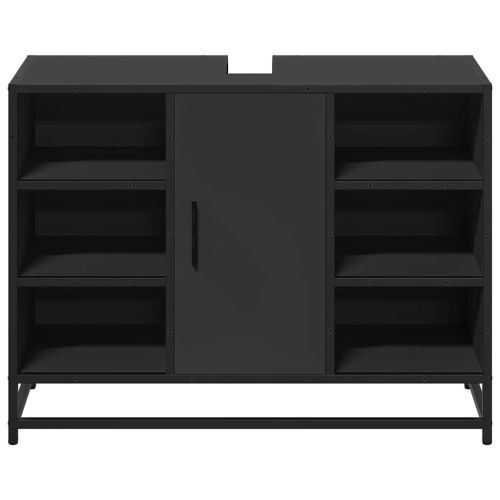 Шкаф за мивка за баня, черен, 80x33x60 см, инженерно дърво