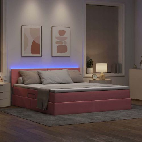 Легло с място за съхранение и LED Розово 160 x 200 cm Кадифе