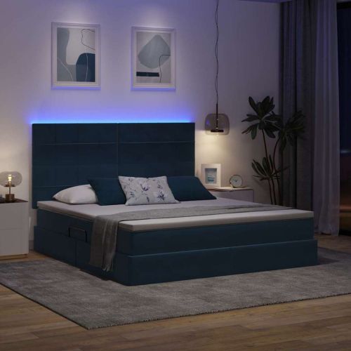 Легло с място за съхранение и LED Тъмен син 160 x 200 cm Кадифе