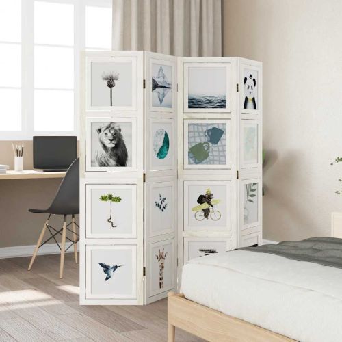 Разделител за стая, 4 панела, бял, дърво пауловния масив