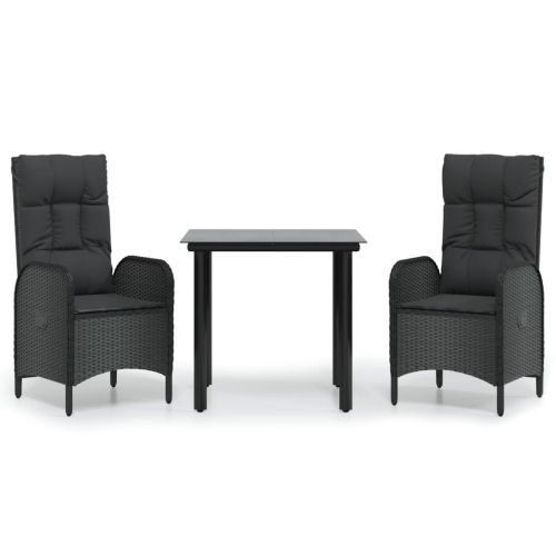 Градински комплект от 3 части с възглавници черни полиратан