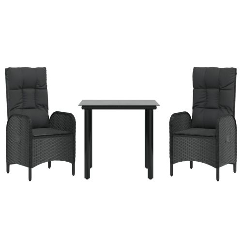 Градински комплект от 3 части с възглавници черни полиратан