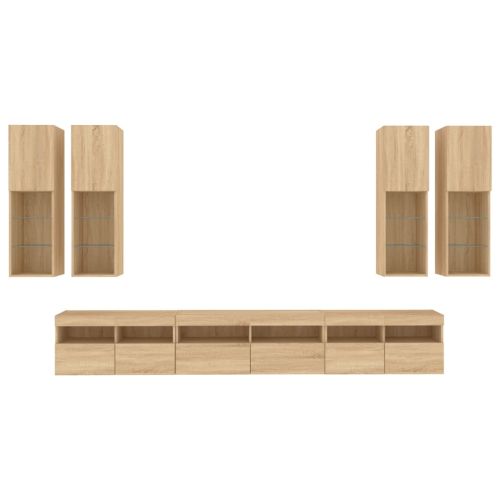 Комплект ТВ стенни шкафове, 7 части, с LED светлини, сонома дъб