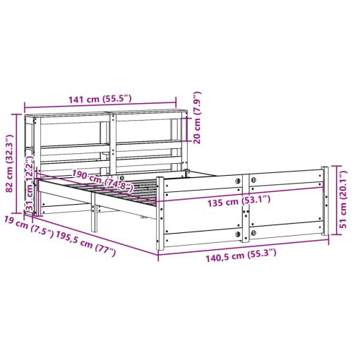 Рамка за легло с табла, бяла, 135x190 см, борово дърво масив