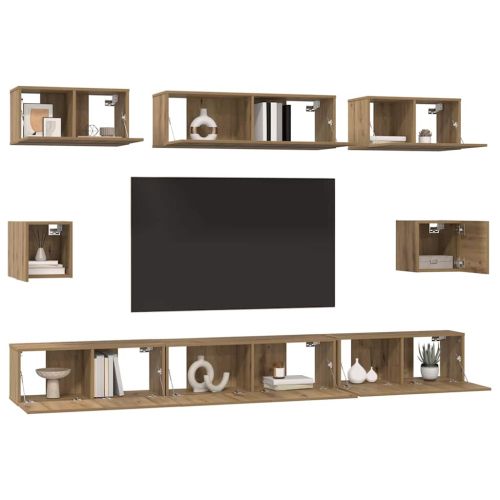 Комплект ТВ шкаф Монтиране на стена 8 pcs Дъб Инженерно дърво