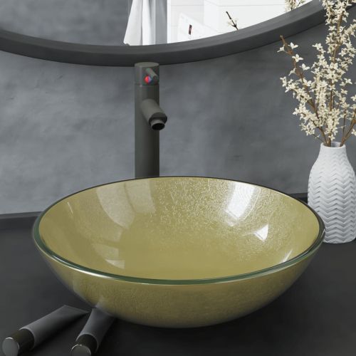 Мивка за баня с кран и сифон, златисто закалено стъкло