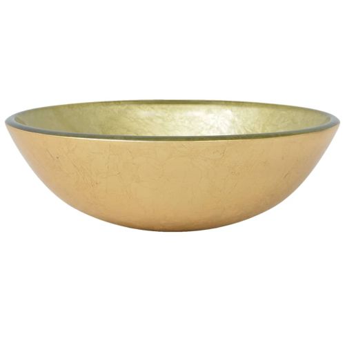 Мивка за баня с кран и сифон, златисто закалено стъкло