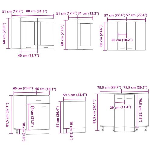 Комплект кухненски шкафове, 11 части, "Lyon", дъбов рафт, инженерна дървесина