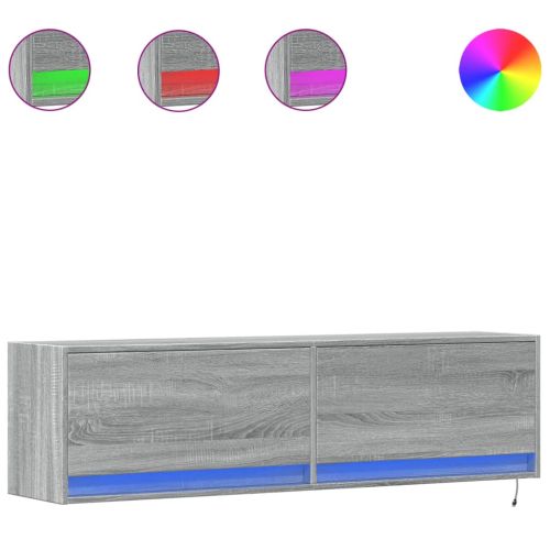 Стенен ТВ шкаф с LED осветление, сив сонома, 140x31x38 см