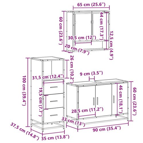 Комплект шкафове за баня от 3 части дъб сонома инженерно дърво