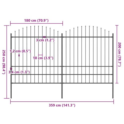Градинска ограда с връх тип копие, стомана, 359x200 см, черна