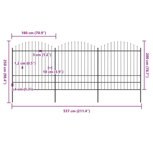 Градинска ограда с връх тип „копие“, стомана, 537x200 см, черна
