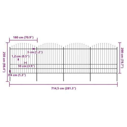 Градинска ограда с връх тип копие, стомана, 714,5x200 см, черна