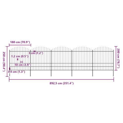 Градинска ограда с връх тип копие, стомана, 892,5x200 см, черна