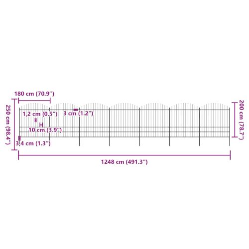 Градинска ограда с връх тип копие, стомана, 1248x200 см, черна