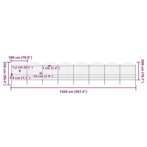 Градинска ограда с връх тип копие, стомана, 1426x200 см, черна