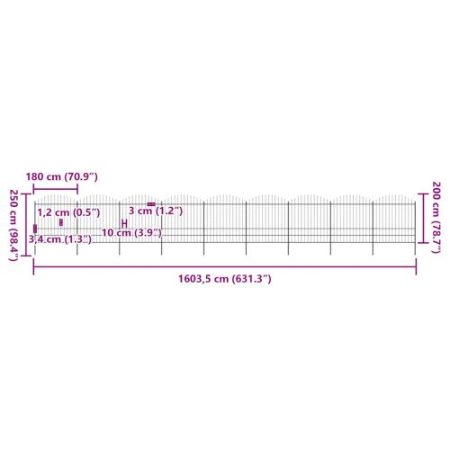 Градинска ограда с връх тип копие, стомана, 1603,5x200 см, черна