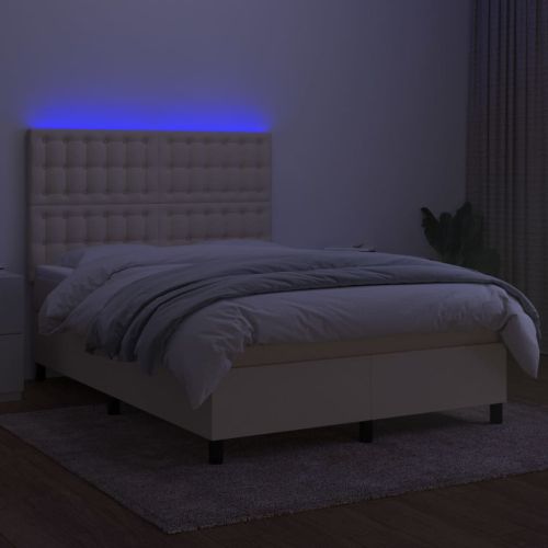 Боксспринг легло с матрак и LED, кремаво, 140x200 см, плат