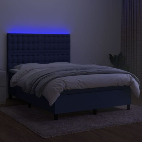 Боксспринг легло с матрак и LED, синьо, 140x200 см, плат