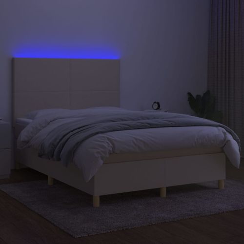 Боксспринг легло с матрак и LED, кремаво, 140x200 см, плат