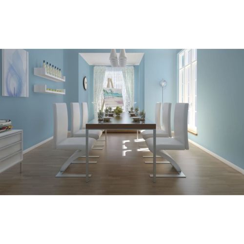 Трапезни столове, 6 бр, бели, изкуствена кожа