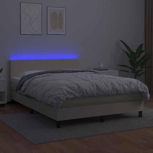 Боксспринг легло с матрак LED кремаво 140x190см изкуствена кожа