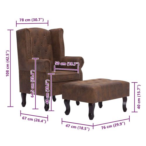 Фотьойл Честърфийлд с табуретка, кафяв, изкуствен велур