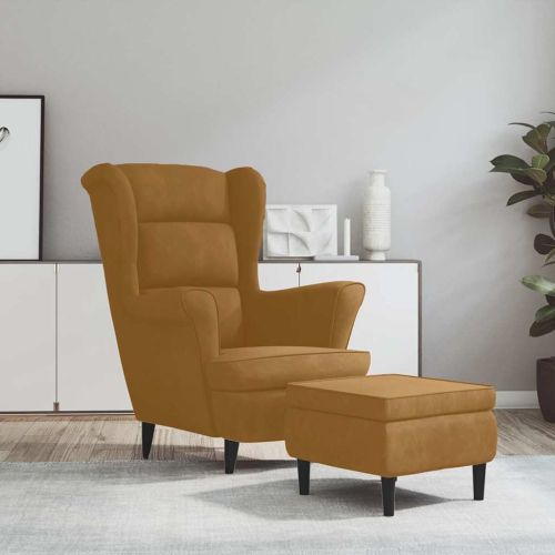 Фотьойл Wingback с табуретка, кафява, кадифе