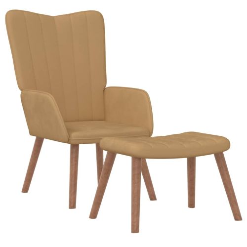 Релакс стол с табуретка, кафяв, кадифе