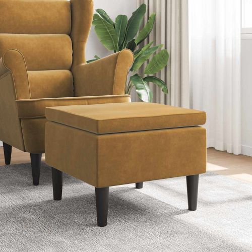 Табуретка с дървени крака, кафява, кадифе