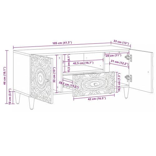 ТВ шкаф с врата Бяло 105 x 33,5 x 46 см Солидно мангово дърво