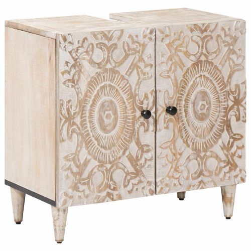 Шкаф за мивка в баня Бяло 62 x 33 x 58 см Солидно мангово дърво