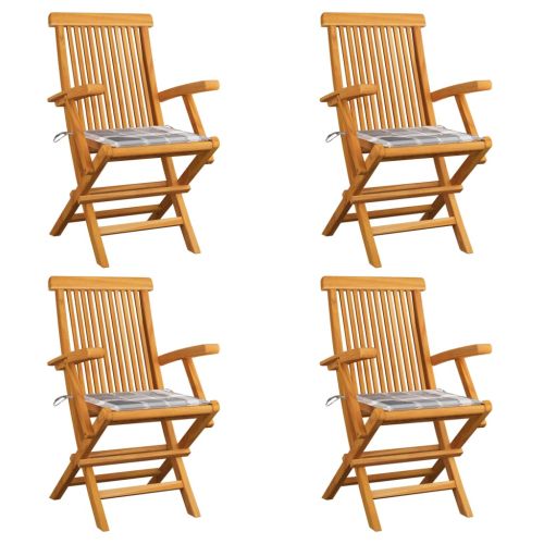 Градински столове, възглавници със сиво каре, 4 бр, тик масив