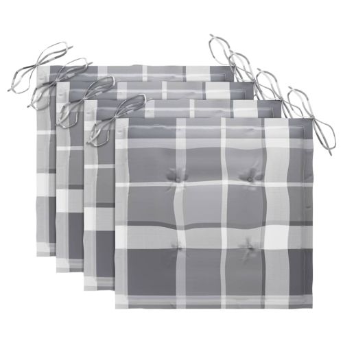 Градински столове, възглавници със сиво каре, 4 бр, тик масив