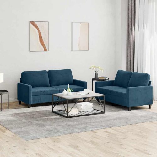 Комплект дивани от 2 части с възглавници, син, кадифе