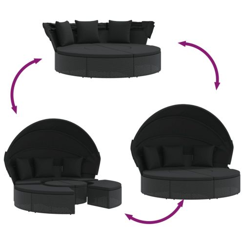 Градинско лаундж легло със сенник и възглавници черен полиратан