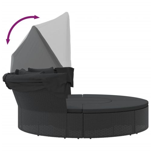 Градинско лаундж легло със сенник и възглавници черен полиратан