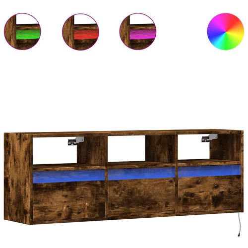 Стенен ТВ шкаф с LED осветление, опушен дъб, 130x31x45 см