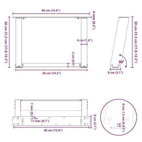 Крака за масичка за кафе, U-образни, 2 бр., антрацит, 40x(30-31) см, стомана