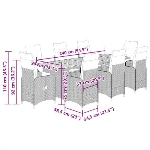 Градински бистро комплект с възглавници 9 части черен полиратан
