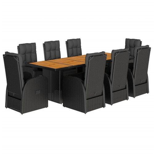 Градински трапезен комплект възглавници 9 части черен полиратан