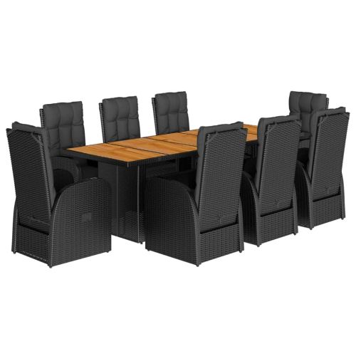 Градински трапезен комплект възглавници 9 части черен полиратан