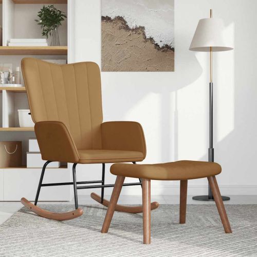 Люлеещ се стол с табуретка, кафяв, кадифе