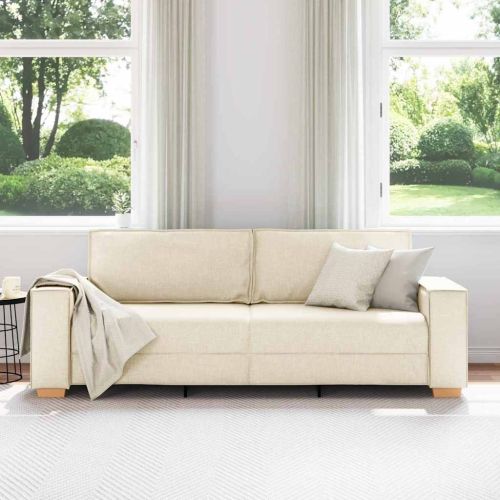 3-местен диван Бежово 220 cm Ленена смесена тъкан