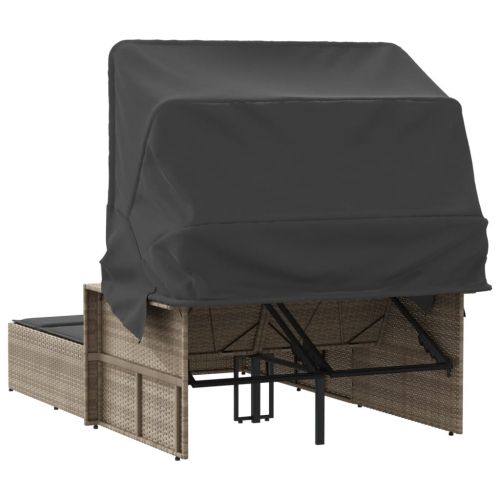 Двоен шезлонг със сенник и възглавници светлосив полиратан