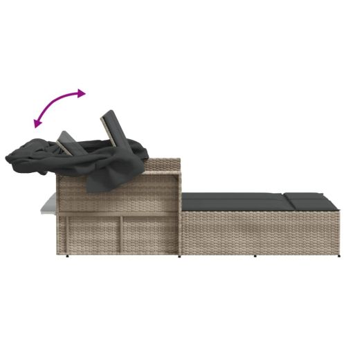 Двоен шезлонг със сенник и възглавници светлосив полиратан