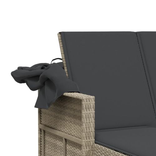 Двоен шезлонг със сенник и възглавници светлосив полиратан