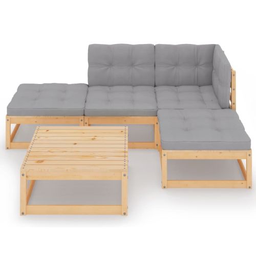 Градински лаундж комплект, 5 части, с възглавници, бор масив